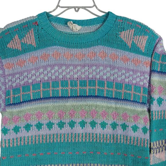 Vintage Andina Pullover Sweater Size Large Green Aqua 100% Cotton Dry Clean Only - Picture 2 of 8